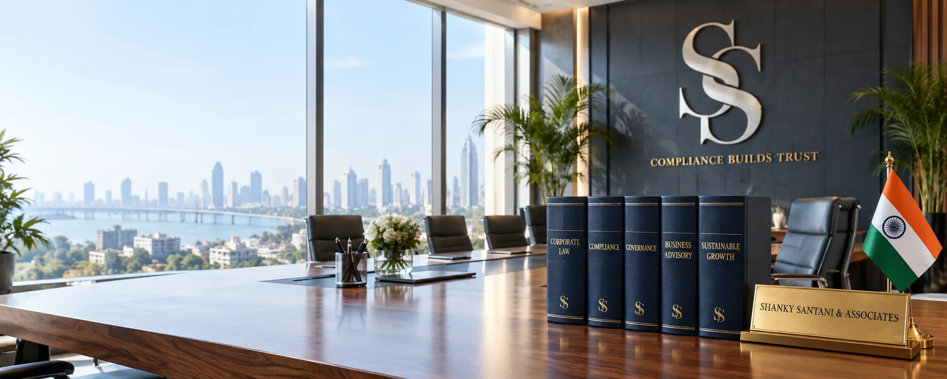 Premium corporate law boardroom with SS monogram, law books and Indian flag