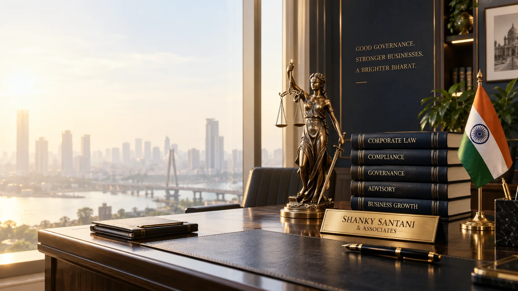 Premium corporate law desk with bronze Lady Justice, navy law books and the Indian flag