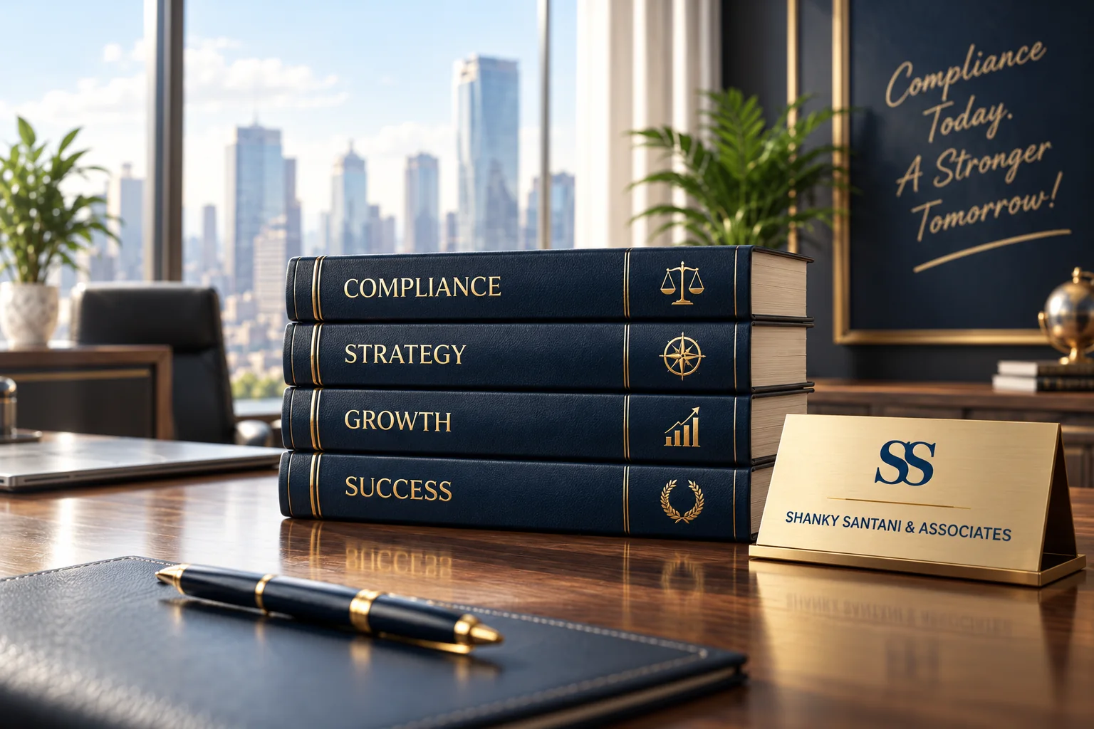 Navy compliance, strategy, growth and success books beside the Shanky Santani and Associates brass nameplate